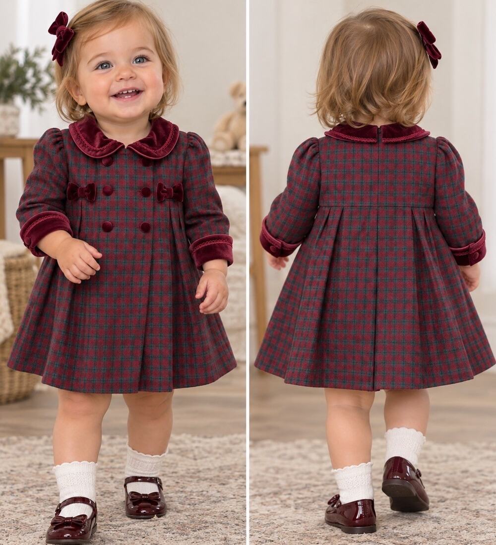 Vintage 90s Holiday Dress Girls 12 mo Tartan Plaid Long Sleeve Velvet Trimmed